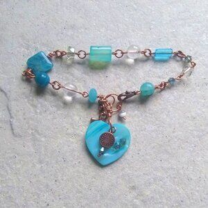 Eclectic Wire Wrapped Boho Beachy Bracelet! Aqua + Clear Gemstone + Crystal Bead